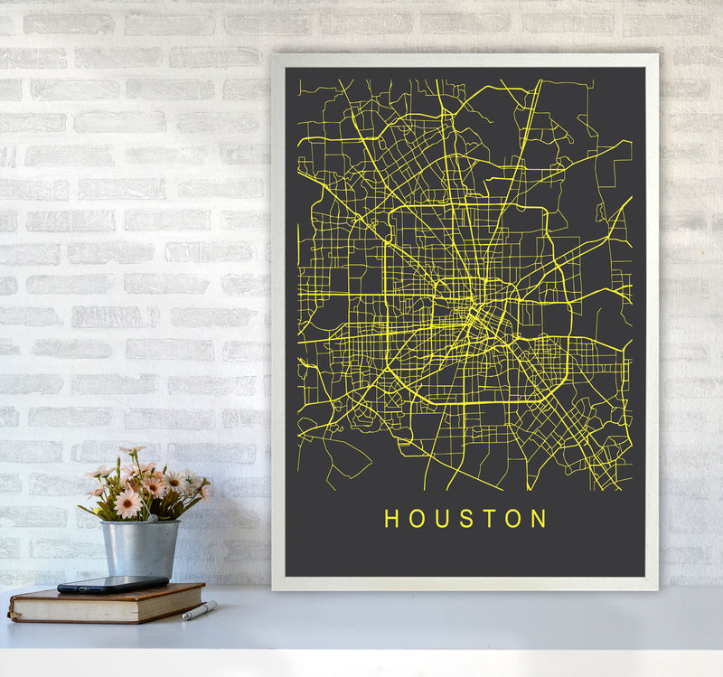 Houston Map Neon Art Print by Pixy Paper A1 Oak Frame