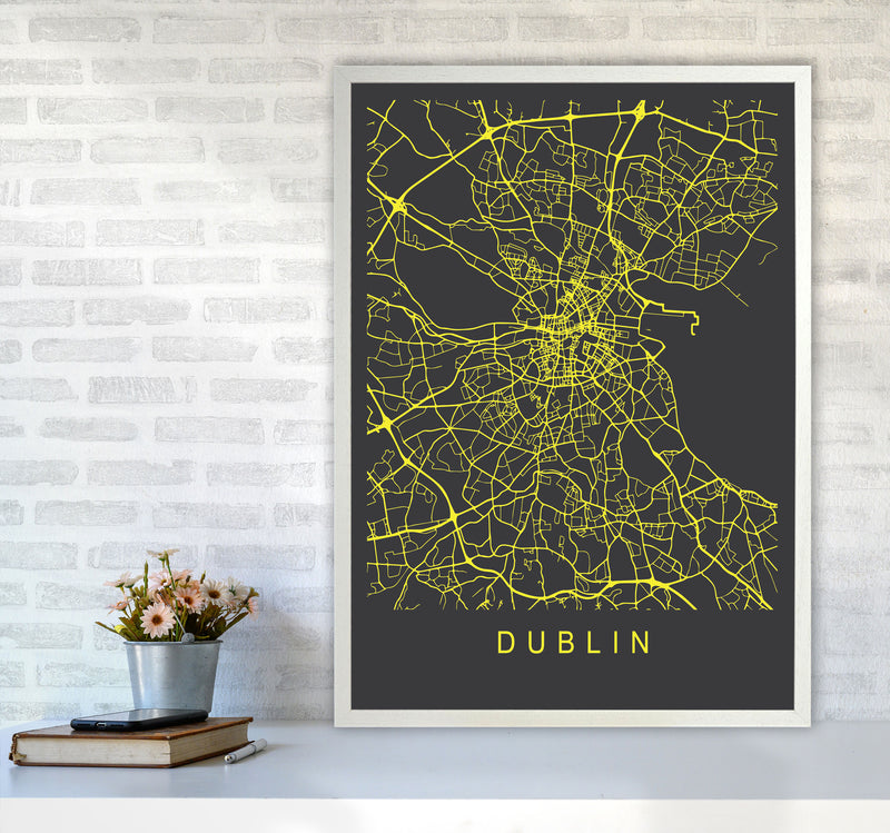 Dublin Map Neon Art Print by Pixy Paper A1 Oak Frame