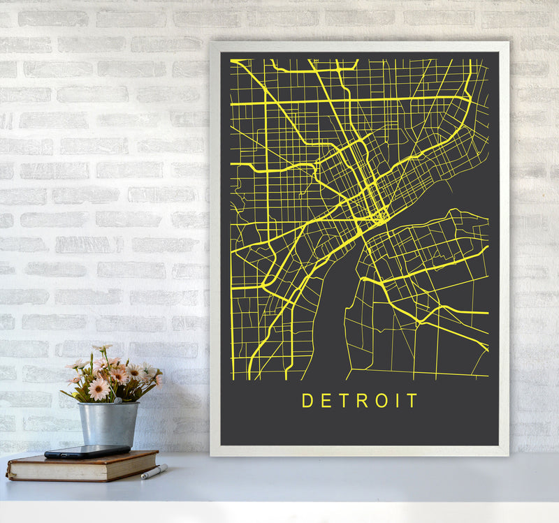 Detroit Map Neon Art Print by Pixy Paper A1 Oak Frame