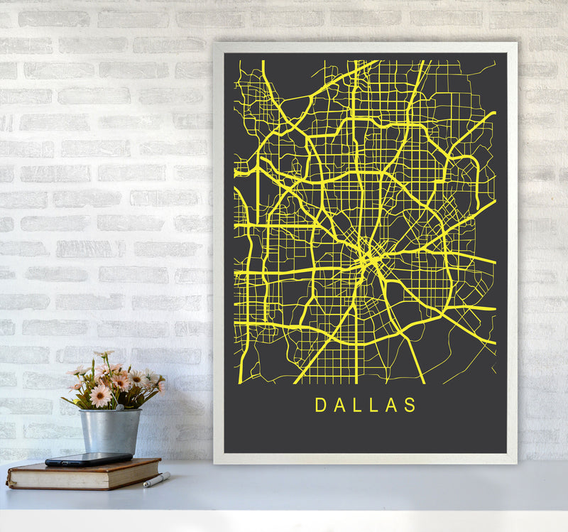 Dallas Map Neon Art Print by Pixy Paper A1 Oak Frame