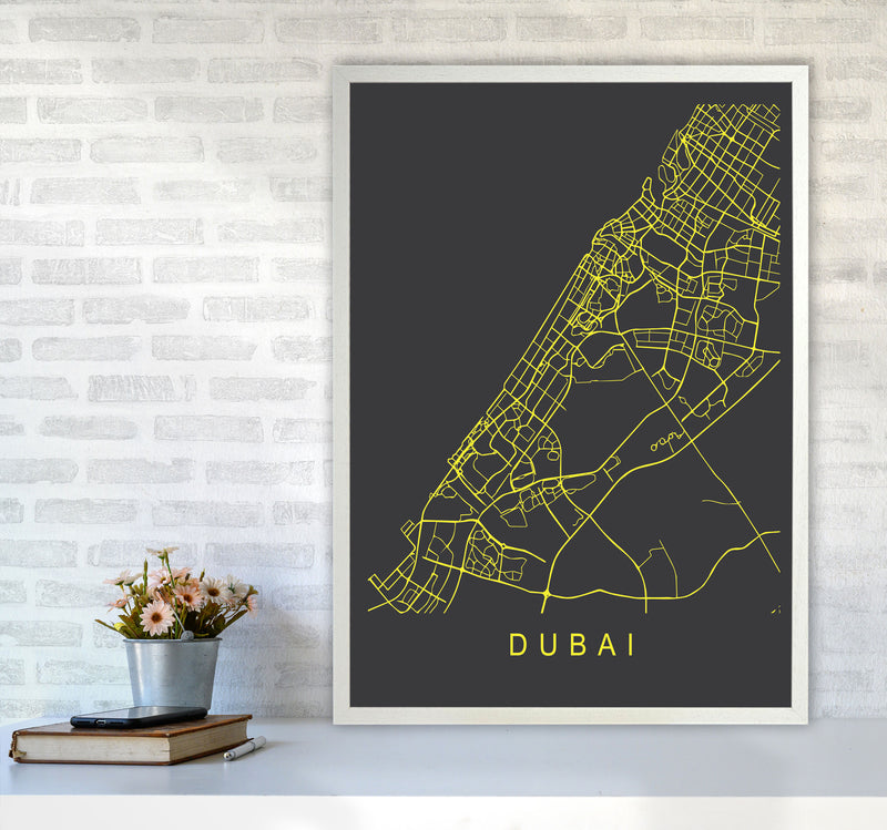 Dubai Map Neon Art Print by Pixy Paper A1 Oak Frame
