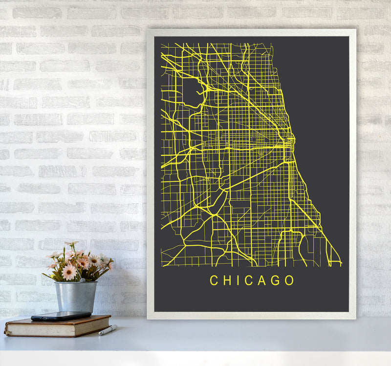Chicago Map Neon Art Print by Pixy Paper A1 Oak Frame