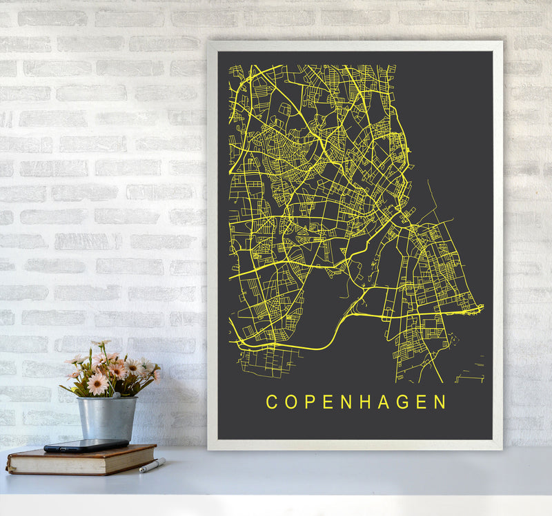 Copenhagen Map Neon Art Print by Pixy Paper A1 Oak Frame