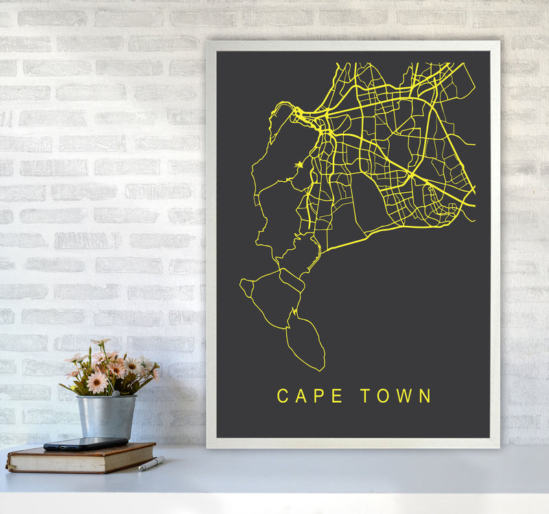 Cape Town Map Neon Art Print by Pixy Paper A1 Oak Frame