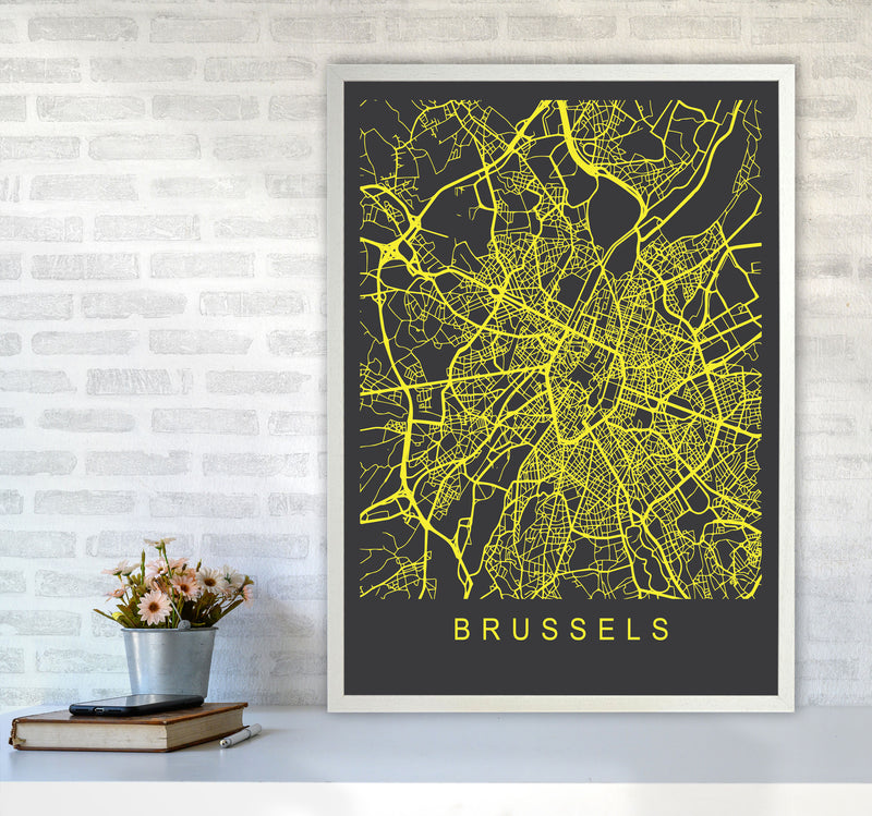 Brussels Map Neon Art Print by Pixy Paper A1 Oak Frame