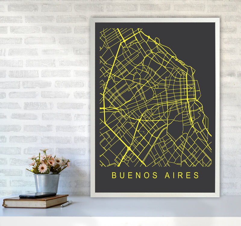 Buenos Aires Map Neon Art Print by Pixy Paper A1 Oak Frame