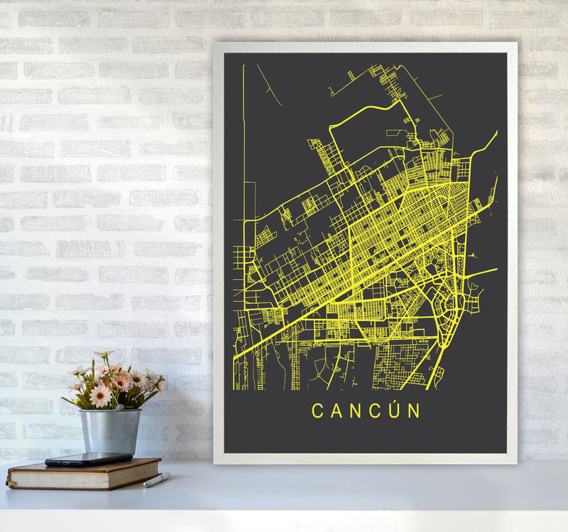 Cancun Map Neon Art Print by Pixy Paper A1 Oak Frame