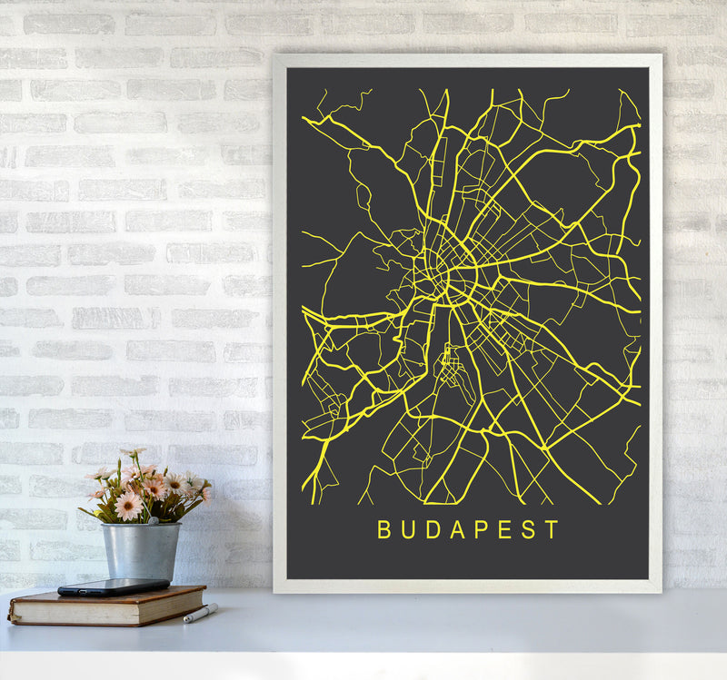 Budapest Map Neon Art Print by Pixy Paper A1 Oak Frame