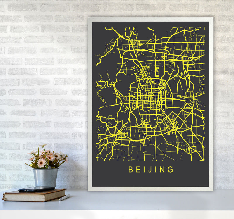 Beijing Map Neon Art Print by Pixy Paper A1 Oak Frame