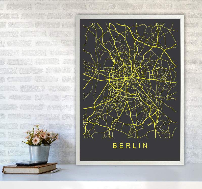 Berlin Map Neon Art Print by Pixy Paper A1 Oak Frame