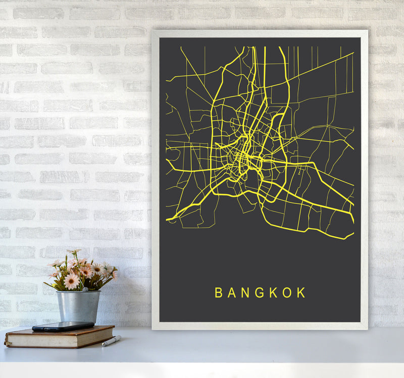 Bangkok Map Neon Art Print by Pixy Paper A1 Oak Frame