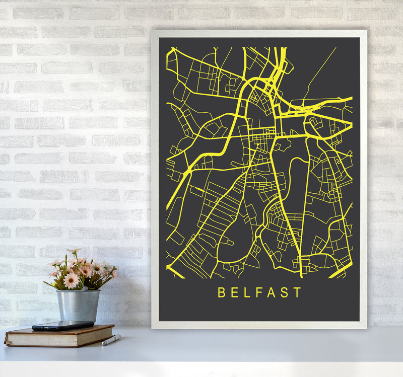 Belfast Map Neon Art Print by Pixy Paper A1 Oak Frame