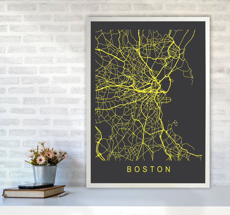 Boston Map Neon Art Print by Pixy Paper A1 Oak Frame