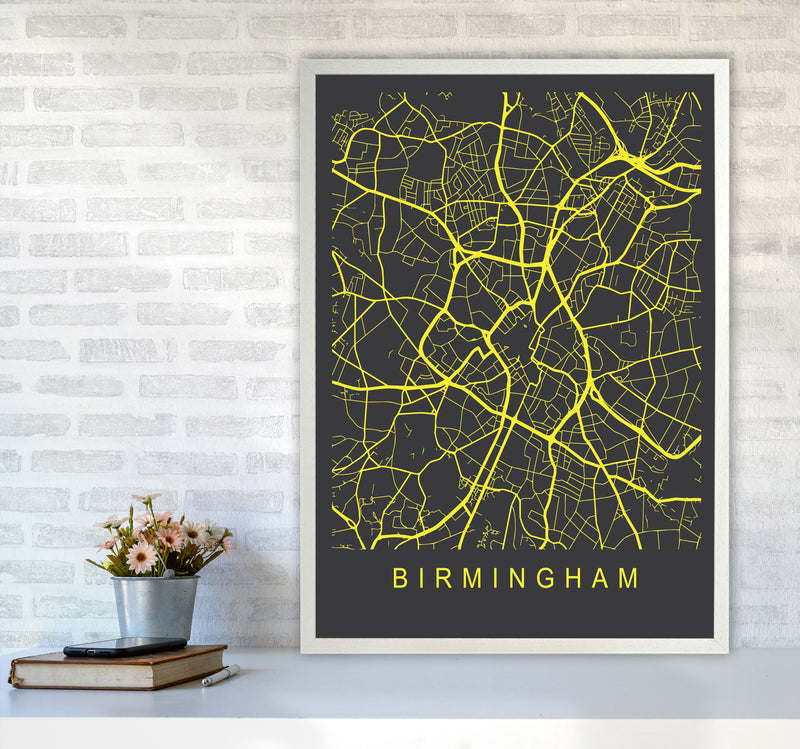 Birmingham Map Neon Art Print by Pixy Paper A1 Oak Frame