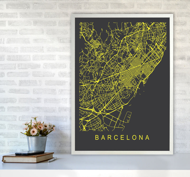 Barcelona Map Neon Art Print by Pixy Paper A1 Oak Frame