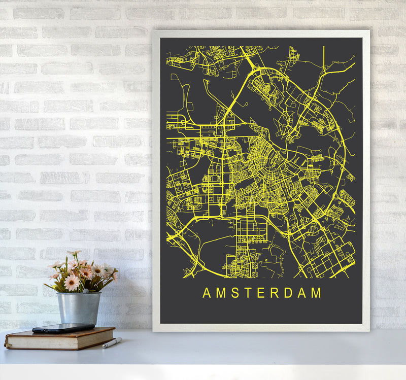 Amsterdam Map Neon Art Print by Pixy Paper A1 Oak Frame