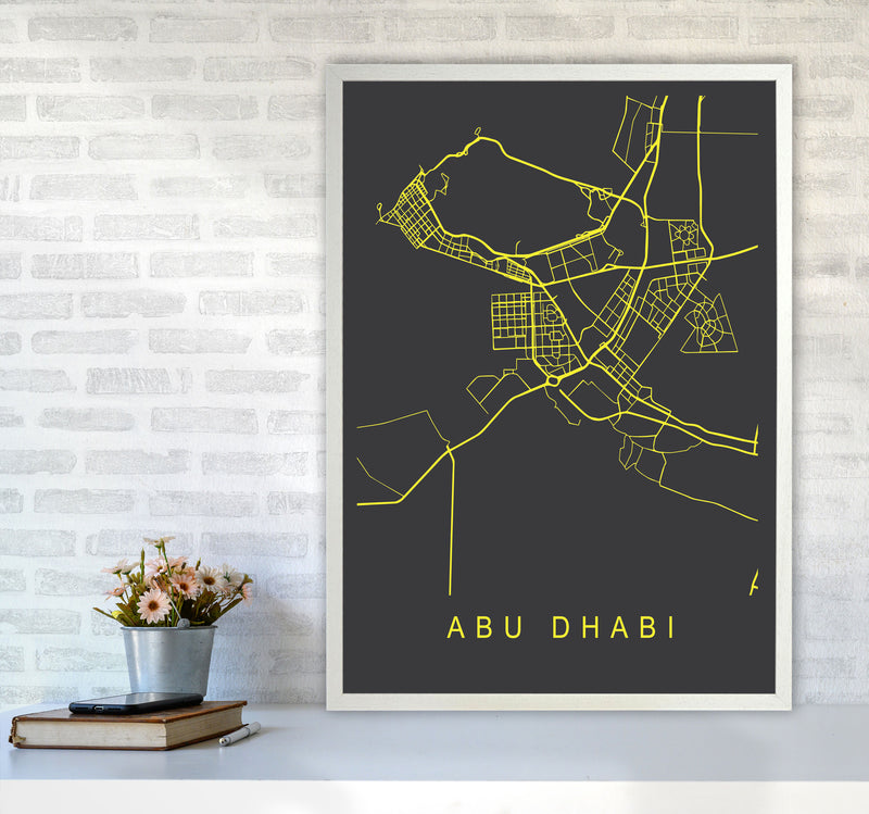 Abu Dhabi Map Neon Art Print by Pixy Paper A1 Oak Frame