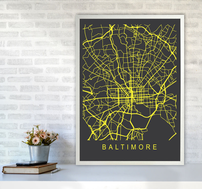 Baltimore Map Neon Art Print by Pixy Paper A1 Oak Frame