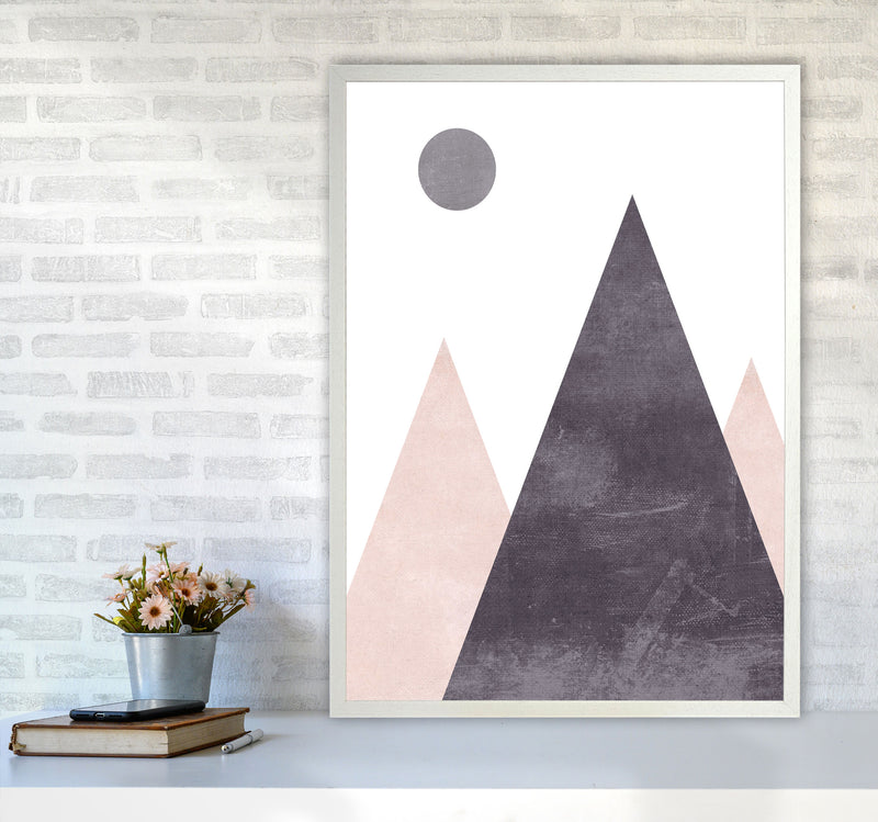 Mountains and moon pink cotton Art Print by Pixy Paper A1 Oak Frame