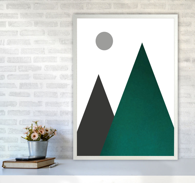 Mountains and moon emerald Art Print by Pixy Paper A1 Oak Frame