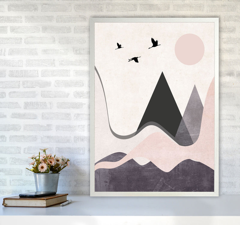 Hills and mountains pink cotton Art Print by Pixy Paper A1 Oak Frame
