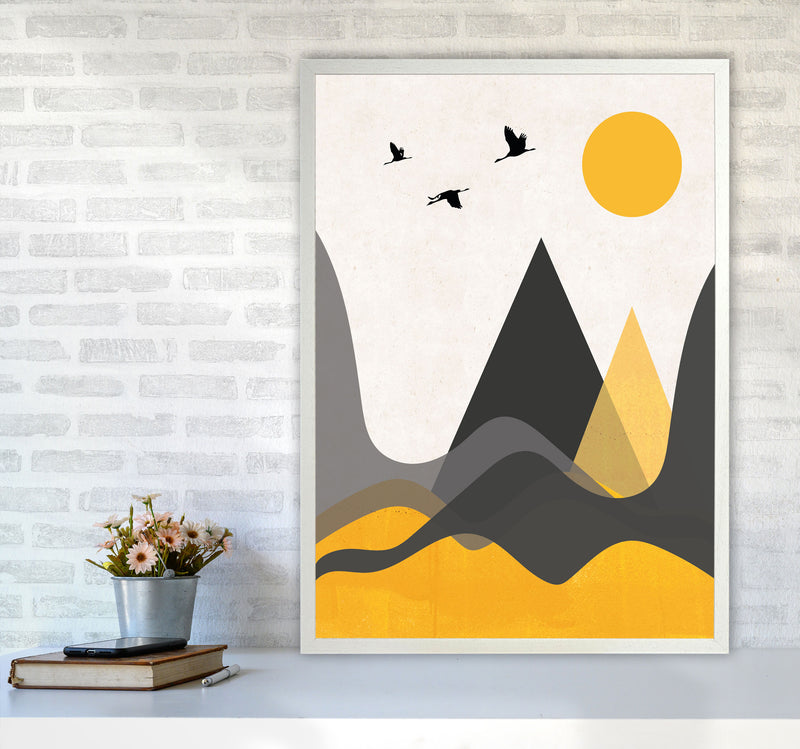 Hills and mountains mustard Art Print by Pixy Paper A1 Oak Frame