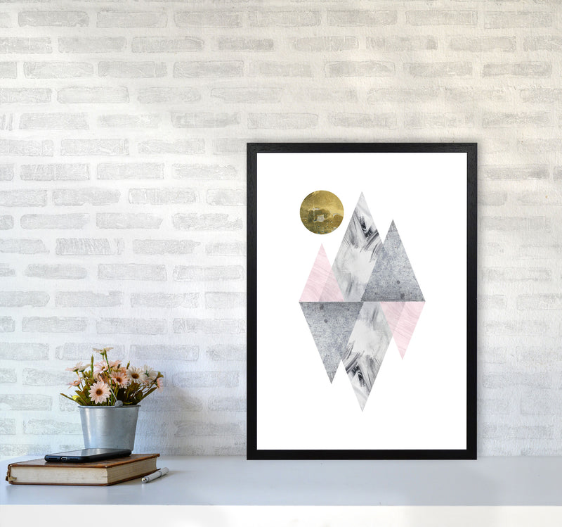 Pink And Grey Diamonds With Gold Moon Abstract Modern Print A2 White Frame