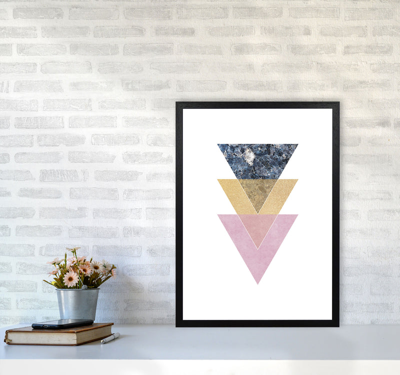 Blue, Gold And Pink Abstract Triangles Modern Print A2 White Frame