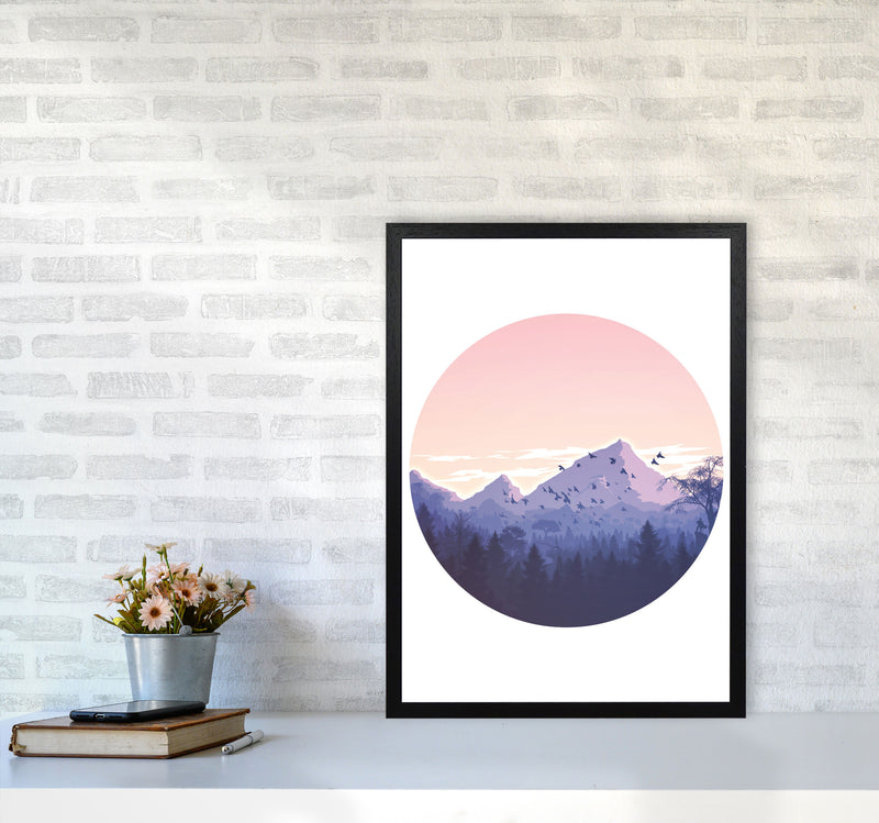 Pink Mountains Circle Abstract Modern Print A2 White Frame