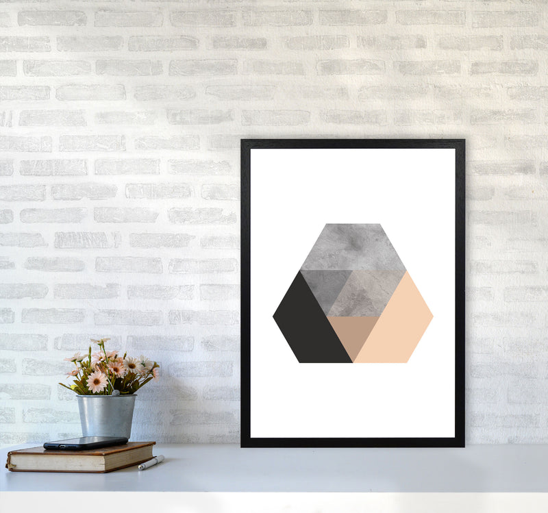 Peach And Black Abstract Hexagon Modern Print A2 White Frame