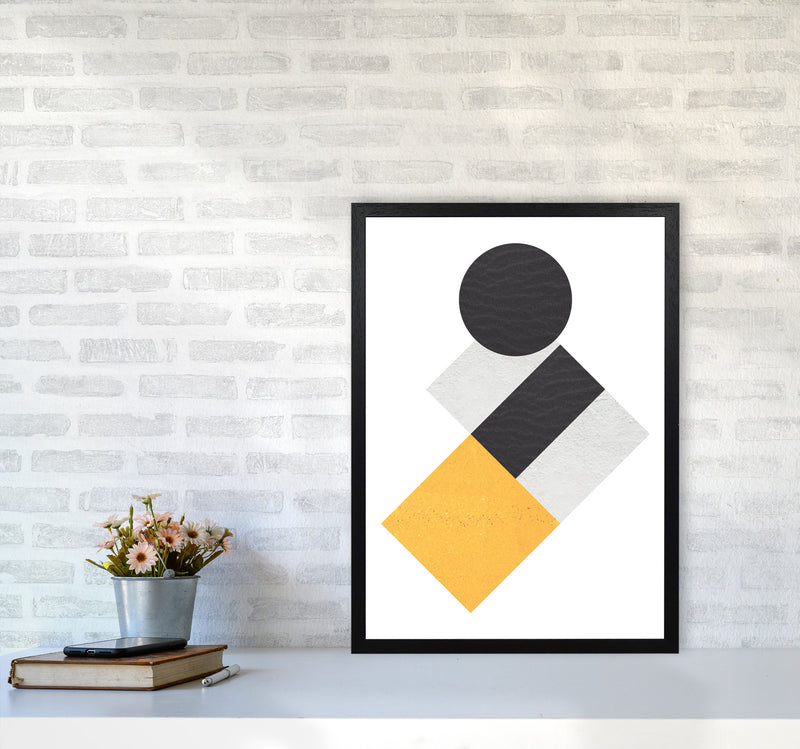 Yellow And Black Abstract Circles And Squares Modern Print A2 White Frame