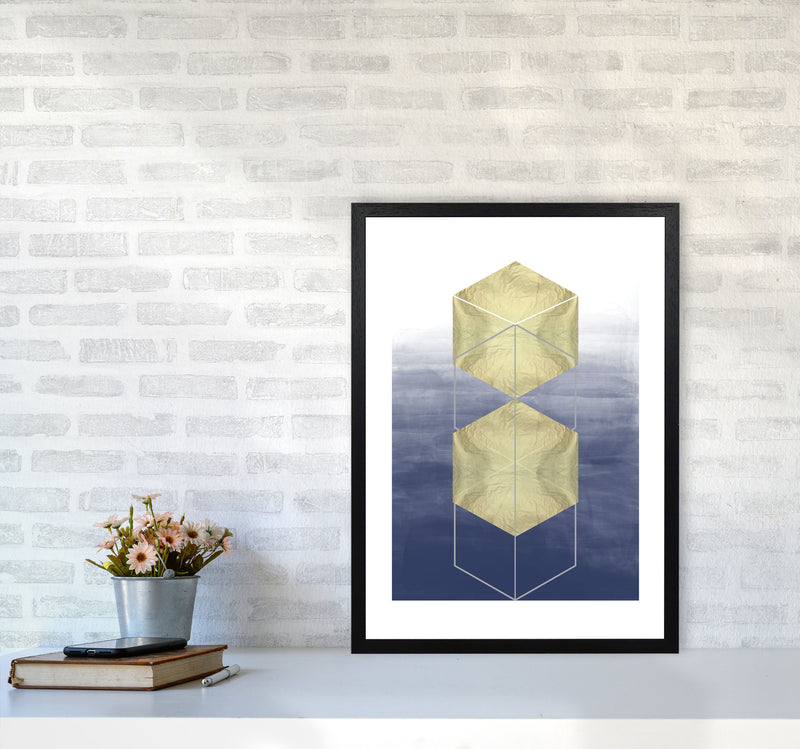 Navy And Gold Abstract Hexagons Modern Print A2 White Frame