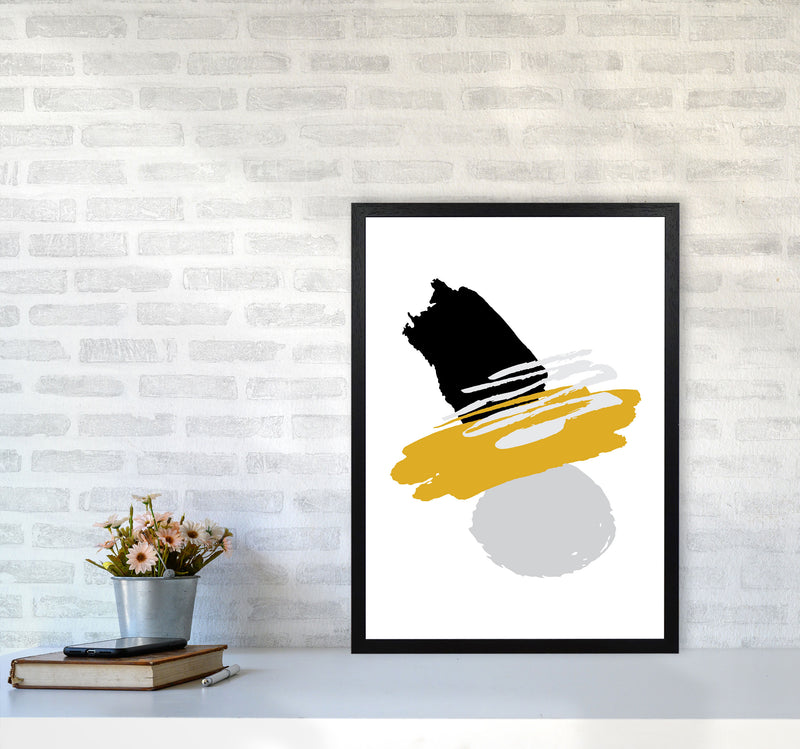 Mustard And Black Abstract Paint Shapes Modern Print A2 White Frame