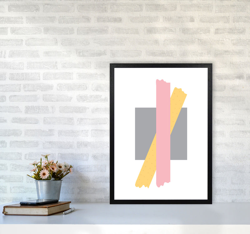 Grey Square With Pink And Yellow Bow Abstract Modern Print A2 White Frame