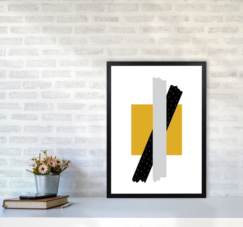 Yellow Square With Grey And Black Bow Abstract Modern Print A2 White Frame