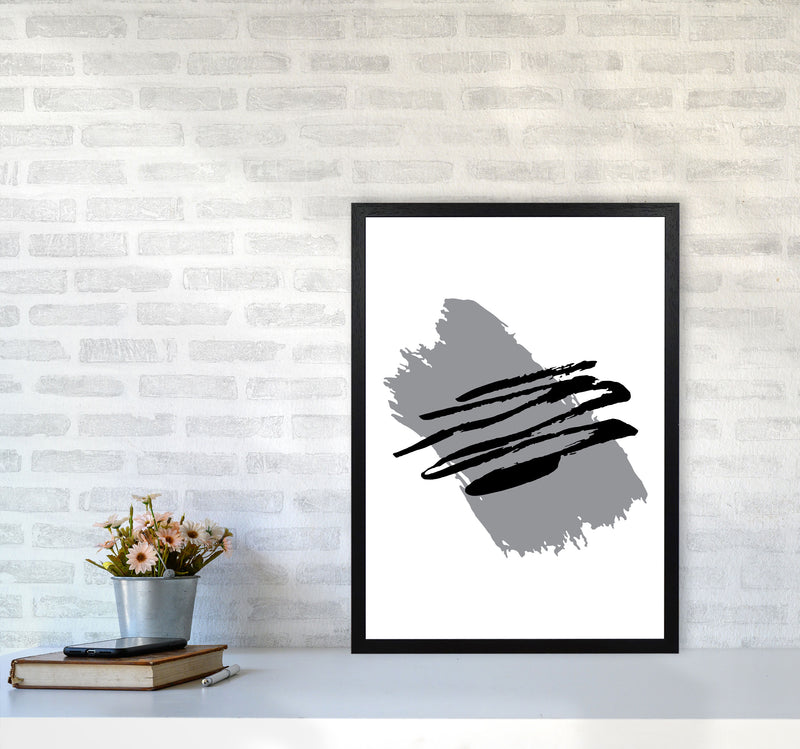 Grey Jaggered Paint Brush Abstract Modern Print A2 White Frame