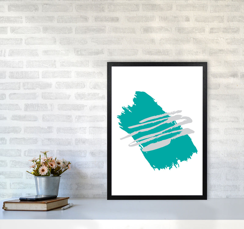 Teal Jaggered Paint Brush Abstract Modern Print A2 White Frame