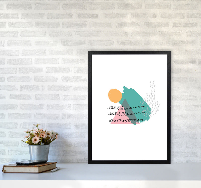 Pink And Teal Mountain Sun Abstract Modern Print A2 White Frame