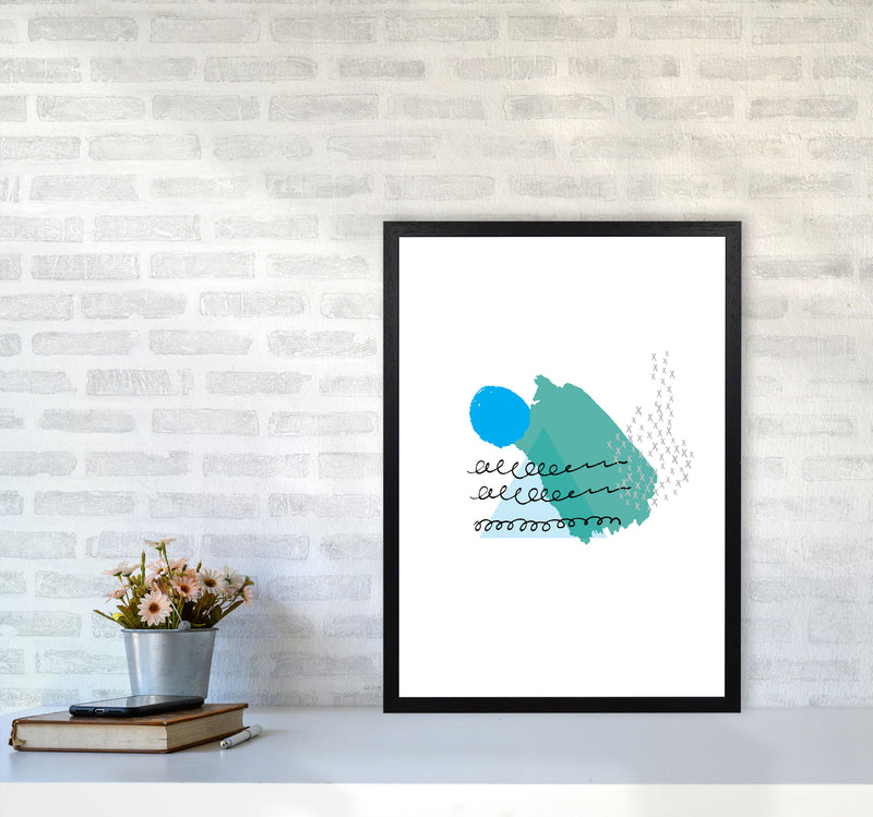 Teal And Blue Mountain Sun Abstract Modern Print A2 White Frame