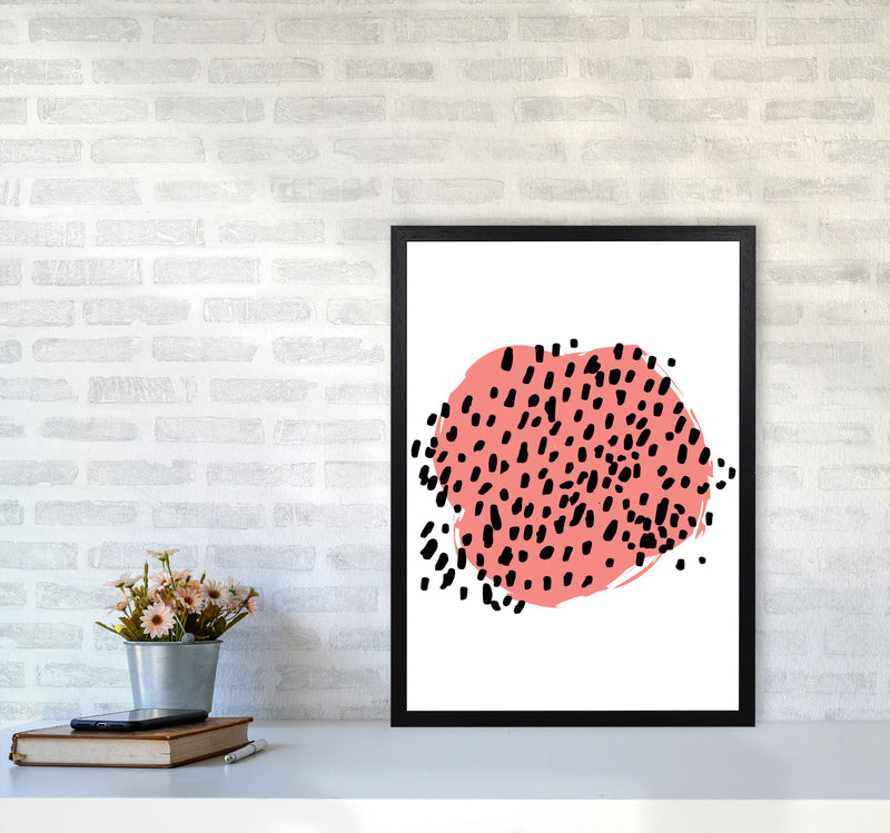 Coral Blob With Black Polka Dots Abstract Modern Print A2 White Frame