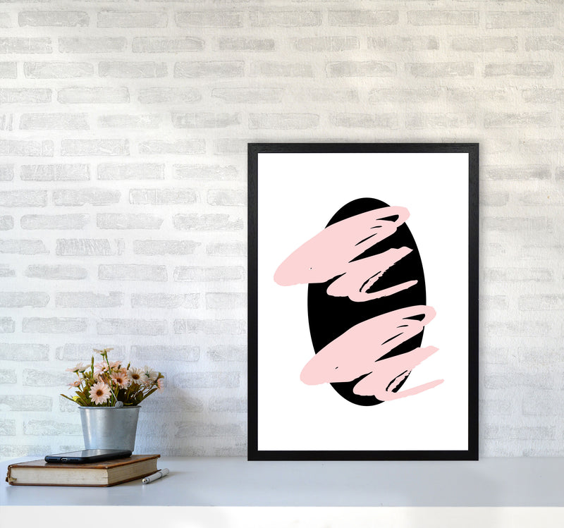 Abstract Black Oval With Pink Strokes Modern Art Print A2 White Frame