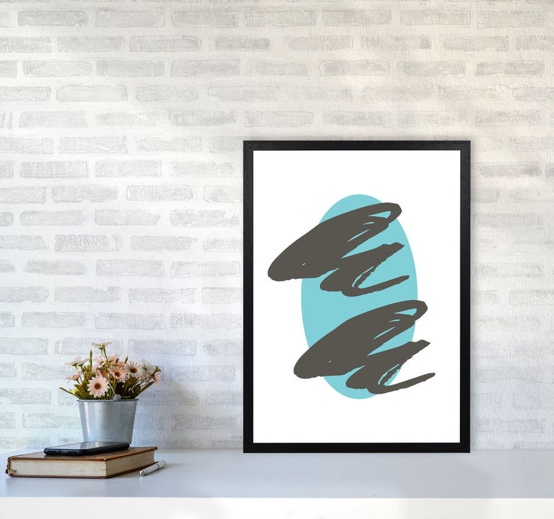 Abstract Teal Oval With Brown Strokes Modern Print A2 White Frame