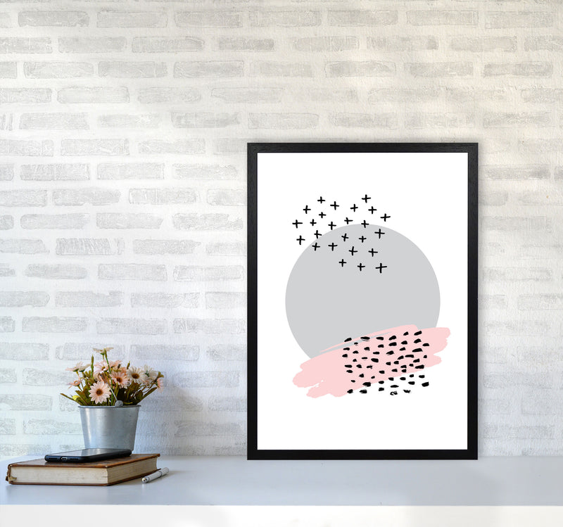 Abstract Grey Circle With Pink And Black Dashes Modern Print A2 White Frame