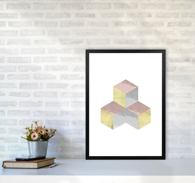 Gold, Pink And Grey Abstract Cubes Modern Print A2 White Frame