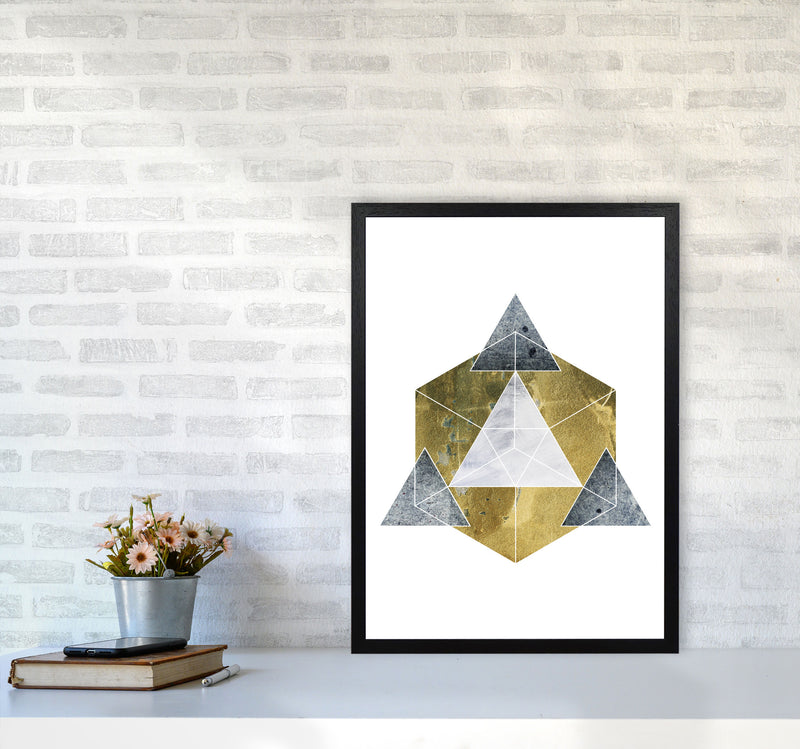 Gold Cube And Grey Geo Abstract Modern Print A2 White Frame