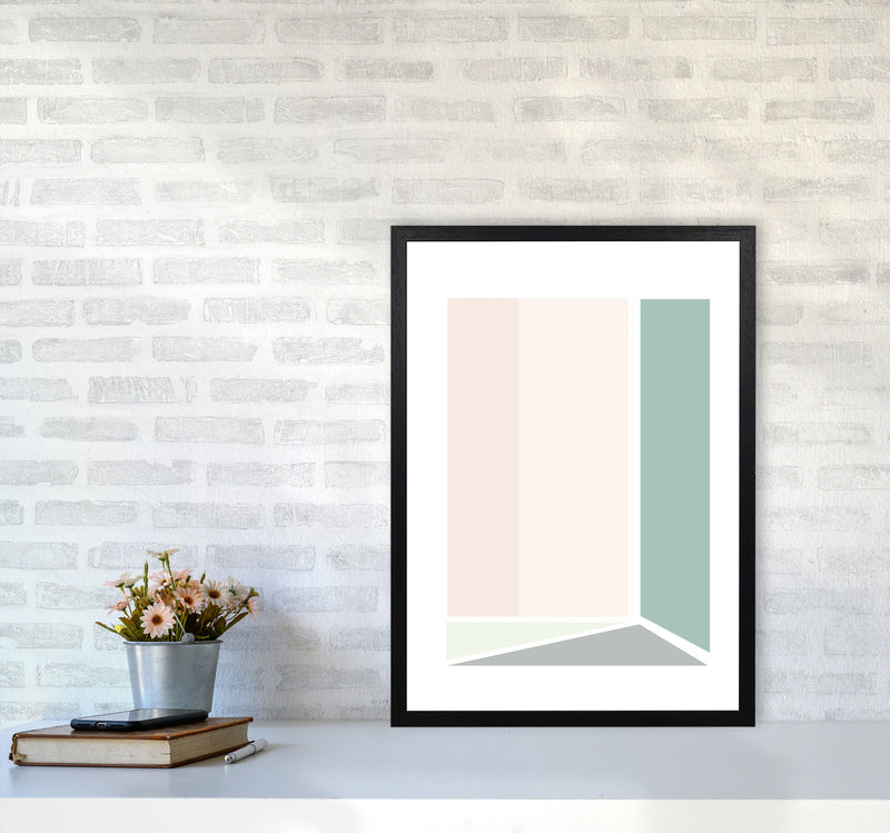 Peach, Green And Grey Abstract Rectangle Modern Print A2 White Frame