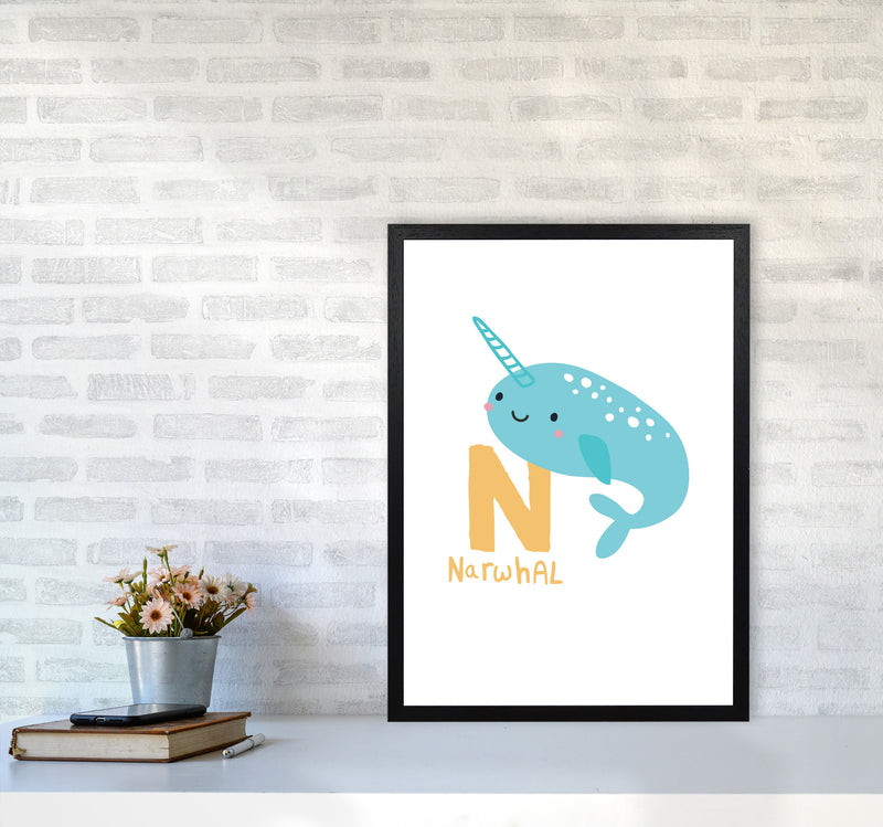 Alphabet Animals, N Is For Narwhal Framed Nursey Wall Art Print A2 White Frame