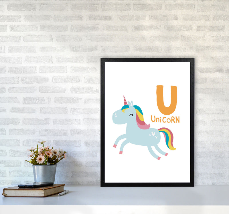 Alphabet Animals, U Is For Unicorn Framed Nursey Wall Art Print A2 White Frame