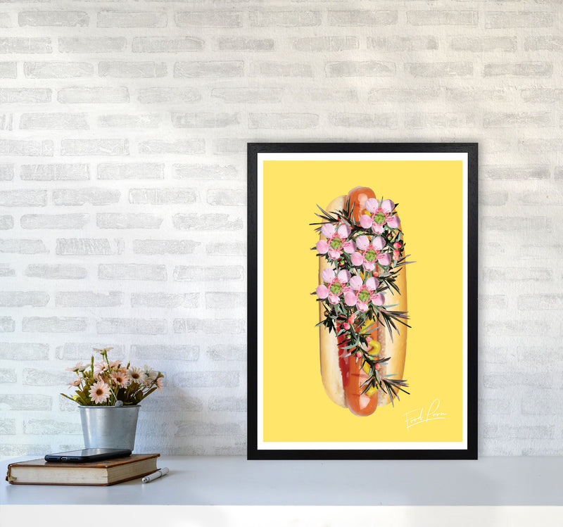Yellow Hot Dog Food Print, Framed Kitchen Wall Art A2 White Frame