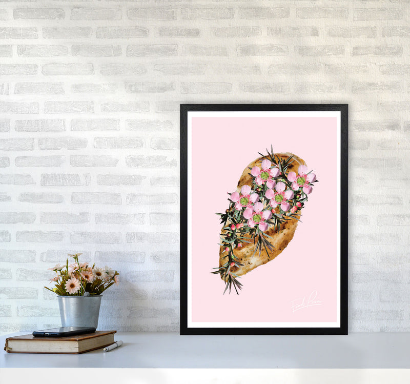 Pink Chicken Floral Food Print, Framed Kitchen Wall Art A2 White Frame